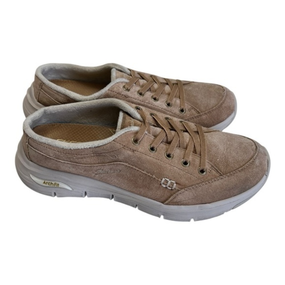 Skechers Arch Fit Tan Suede Slippers with Cushioned Comfort Size 8